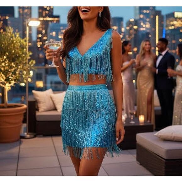Jovani Fringe Sequin Beaded 2-Piece Mini Dress Prom Party Formal Blue Size 6 - Picture 1 of 10